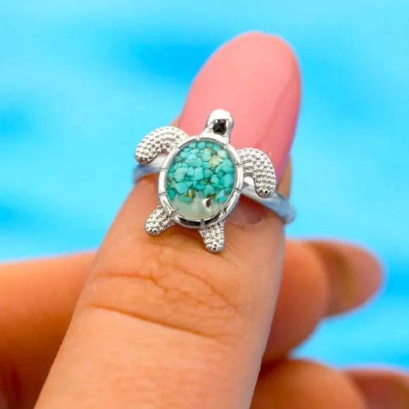 NWT🏝️SAND/TURQUOISE PEBBLES RESIN SILVER SEA TURTLE BEACH RING One Size Fits All - Picture 2 of 7